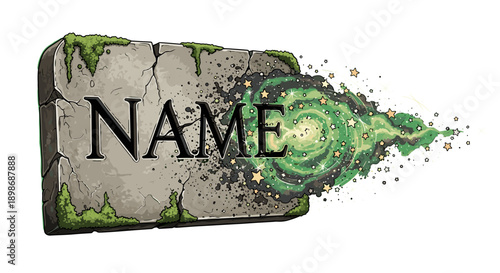 Fantasy Tombstone with Magical Portal, Editable Name. Stone Gravestone with Stars and Swirling Green Energy. Vector Design Element, Isolated on transparent background.