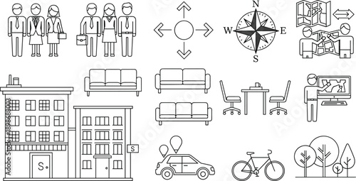 Minimalist business and real estate icon set featuring office buildings corporate people furniture maps and navigation symbols isolated on white background for infographic design