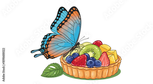 Colorful Butterfly on Fresh Fruit Tart: Vibrant, Delicious Dessert, isolated on transparent background. Health, Summer, and Sweet Indulgence Illustration