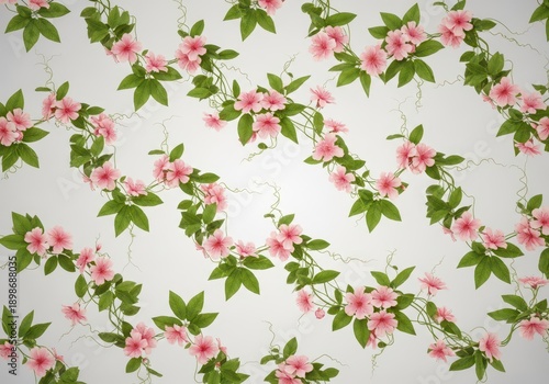 Seamless repeating floral pattern background. Delicate pink blossoms, detailed green leaves, and vines create a soft, beautiful, natural design aesthetic, geometric, delicate, leaf