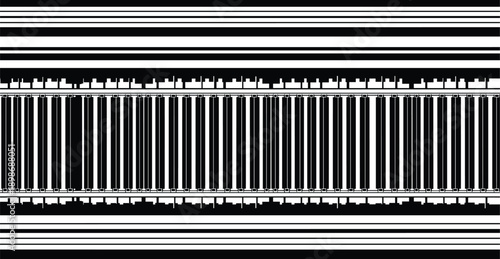 Minimalist black and white railroad track vector illustration featuring a top down view pattern for industrial transportation logistics and architectural site planning design