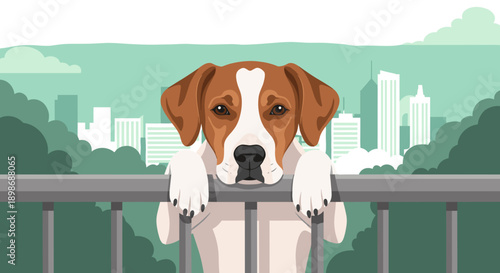 Cute Curious Jack Russell Dog Vector Illustration Gazing Over Balcony Railing, City View, Pet Clipart - Isolated on transparent background, urban, domestic, cartoon style