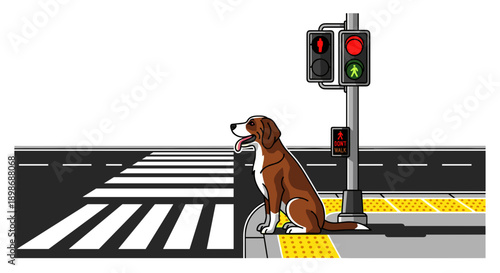 Patient Dog Waiting at Crosswalk with Traffic Light, Cartoon Style Vector Graphic for Pet Safety Concepts, Road Safety Awareness, isolated on transparent background.