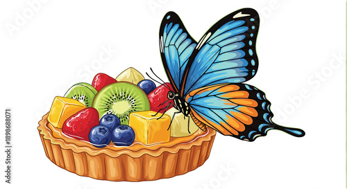 Colorful Butterfly on Delicious Fruit Tart Vector Illustration: Sweet Dessert with Strawberries, Kiwi, and Blueberries isolated on transparent background.