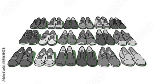 Collection of Shoe Pairs Vector Graphic, Footwear Fashion Assortment: Sneakers, Loafers, Oxfords - Variety of Casual & Formal Styles isolated on transparent background.