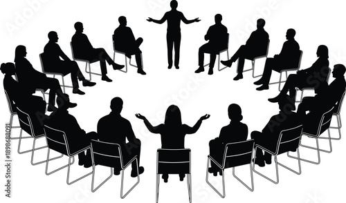 Group of people sitting in circle silhouette vector illustration featuring a leader standing for support meeting community workshop or therapy session on white background