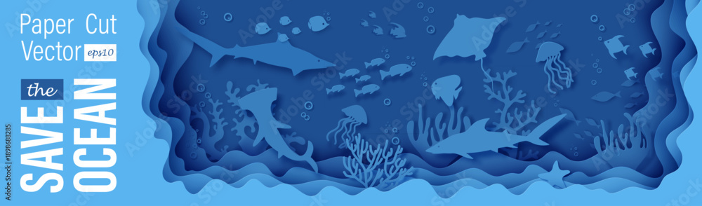 Naklejka premium Save the ocean fantasy papercut background features layered underwater scene. Blue cutout design with stingray hammerhead fish shark jellyfish crab coral wave pattern. Ocean bottom reef under life bg