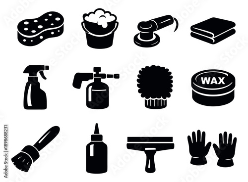 Solid icon car wash tools set featuring various cleaning and detailing tools for automotive care and maintenance