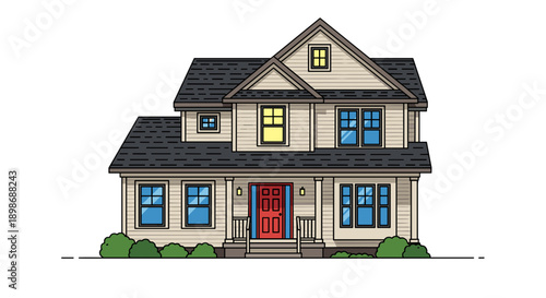 Cartoon House Vector Illustration: Suburban Home Sweet Home with Red Door, Family Icon, Dream Home, Isolated on transparent background for Real Estate Projects