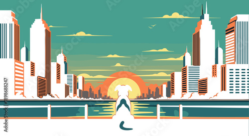 Lonely Dog Silhouette Watching City Sunset, Hope and Aspiration Concept, Vector Illustration isolated on transparent background. Urban Landscape and Pet Theme.