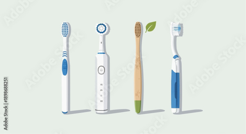 A row of four toothbrushes, including electric and manual variants, displayed on a plain surface from a straight-on viewpoint.