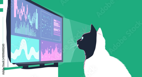 Smart Cat Analyst: Focused on Data Charts & Stock Market Trends, Finance, Investment, Isolated on transparent background. Feline Investor Analyzing Business & Trading