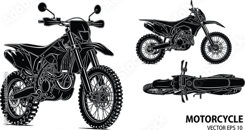 Set of dirt bike motocross motorcycle vector illustrations featuring front side and top views isolated on white background for offroad racing and extreme sports