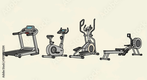 Various exercise machines including treadmill, stationary bike, elliptical trainer, and rowing machine in a fitness environment illustration