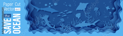Save the ocean fantasy papercut background features layered underwater scene. Blue cutout design with stingray hammerhead fish shark jellyfish crab coral wave pattern. Ocean bottom reef under life bg