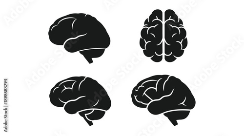 Four black brain shapes displayed against a white background silhouette