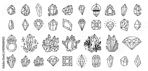 Mystical crystals or diamonds isolated clipart bundle set. Magic crystals hand drawn, crystals doodle, line gem stones isolated items on white esoteric