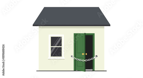 Foreclosure Home Vector Illustration: Sad Empty House with Chain on Door, Symbol of Economic Crisis, Debt & Loss, Mortgage Issues, Isolated on Transparent Background
