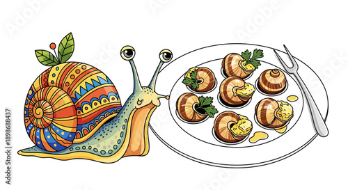 Playful Snail Cartoon with Escargots, Culinary Vector Illustration isolated on transparent background. Funny Gastropod Foodie for Restaurant Menu and Recipe Books.