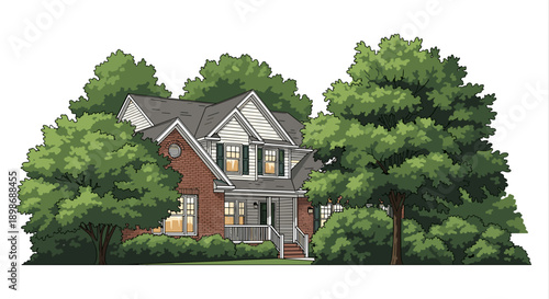 Dream Home in Suburbia: Cozy Brick House Surrounded by Lush Trees, Inviting Front Porch, Represents Homeownership, Isolated on Transparent Background. Vector Illustration.