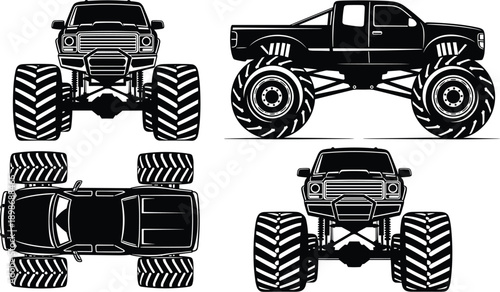 Set of monster truck silhouette vector illustrations featuring large tires with front side and top views isolated on white background for offroad automotive design
