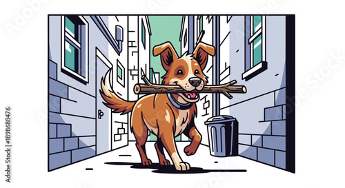Happy Dog Fetching Stick in Urban Alley - Playful Canine Cartoon, Isolated on Transparent Background. Cute Pet Vector Art for Children and Animal Lovers.