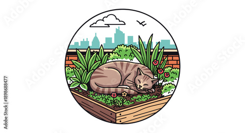 Peaceful Cat Nap: Cartoon Vector of a Tabby Sleeping in a Rooftop Garden, Cityscape Backdrop, Artistic Illustration isolated on transparent background for Commercial Use