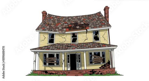 Cartoon Abandoned House Vector: Foreclosure, Neglect, and Decay. Spooky Home Illustration, Haunted, Isolated on transparent background, Vector Graphic, Real Estate Symbol.
