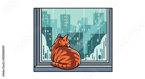 Lonely Ginger Cat Watching Rain in City Window, Cozy Cartoon Illustration. Domestic Feline Pet Silhouette, Indoor Depression and Sadness, isolated on transparent background.
