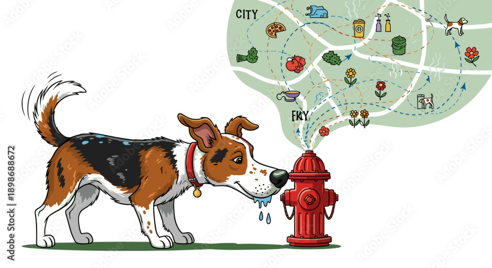 Naklejka premium Funny Dog Sniffing Fire Hydrant and Imagining City Odors Vector Illustration isolated on transparent background. Canine Adventure, Pet Humor, Route Map, Nose, Tail Wagging, Smell.