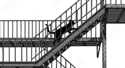 Black Cat on Fire Escape Stairs, Urban Silhouette. A vector illustration of a cat climbing stairs, symbolizing independence and agility, isolated on transparent background.