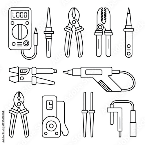 A comprehensive collection of various tools commonly used in electrical work isolated on white background, Vector, illustration