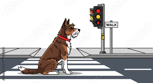 Obedient Dog Waiting at Crosswalk - Cartoon Pet Following Traffic Rules, Smart Canine Safety Education, Isolated on Transparent Background