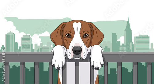 Curious Cartoon Dog Vector Illustration, Leaning on Balcony Overlooking City, Pet on Lookout, Isolated on transparent background, Canine Companion, Animal Clip Art