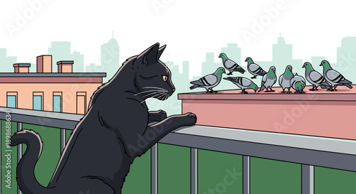 Cartoon Cat Watching Pigeons on Balcony: Urban Wildlife Conflict, Predator-Prey Dynamics, Animal Behavior Illustration isolated on transparent background.