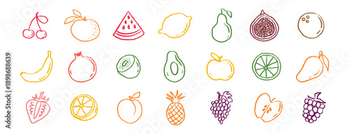 Fruit icons chalk hand drawn doodle set. Drawing crayon fruit