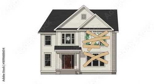 Damaged House with Broken Windows and Boarded Up Shutters Isolated on Transparent Background. Disaster Illustration, Catastrophe, Decay, Ruin, Destruction, and Economic Crisis