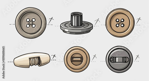 Collection of assorted buttons and fasteners illustrated in various styles and colors displayed on a plain background from a straightforward viewpoint