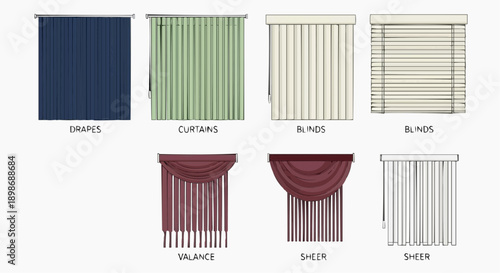 Collection of various window treatments including drapes, curtains, blinds, valance, and sheer styles displayed from a front viewpoint