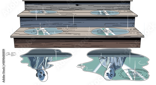 Conceptual Illustration of Rain Puddles Reflecting a Man: Melancholy, Solitude, and Introspection. Surreal Vector Art isolated on transparent background.