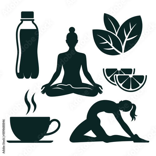 Illustrations of healthy habits including yoga, hydration, and nutrition. isolated on white background, Vector, illustration