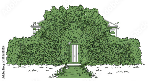 Enchanted Cottage with Overgrown Vines Vector Illustration - Secret Garden Entrance, Fairytale Home Isolated on transparent background, Fantasy Architecture