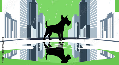 Lonely Dog Silhouette, Cityscape in Rain, Reflective Puddle: Moody Urban Art, Pet Loss Symbolism, Dog Walking in Bad Weather, isolated on transparent background