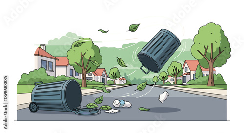 Cartoon Trash Can Blown Over in a Storm, Litter and Leaves Scattered on Street in Suburban Neighborhood, Cleanup Needed, isolated on transparent background.