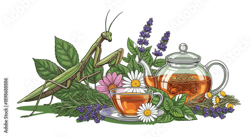 Herbal Tea Still Life with Praying Mantis: Tranquil Wellness and Healthy Living Illustration isolated on transparent background for Commercial Use