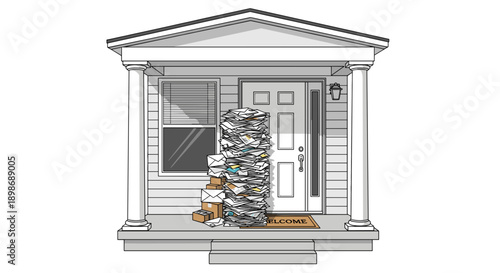 Overwhelmed Homeowner: Cartoon House with Stack of Mail, Paperwork Overload, and Unopened Bills isolated on transparent background. Financial Stress, Illustration Vector