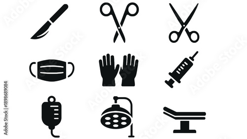 A collection of medical and surgical tools and equipment icons