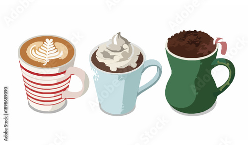 Festive winter hot beverage mugs vector collection with cute cocoa and latte