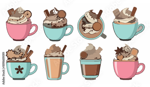 Holiday hot chocolate and coffee mugs cute vector collection with festive toppings