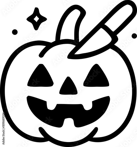 Carved pumpkin with knife halloween decoration or spooky concept for graphic design, autumnthemed projects, party invitations, and seasonal content.